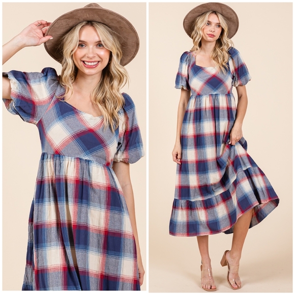 POLAGRAM Plaid Pattern Short Sleeves Midi Dress - Picture 4 of 11